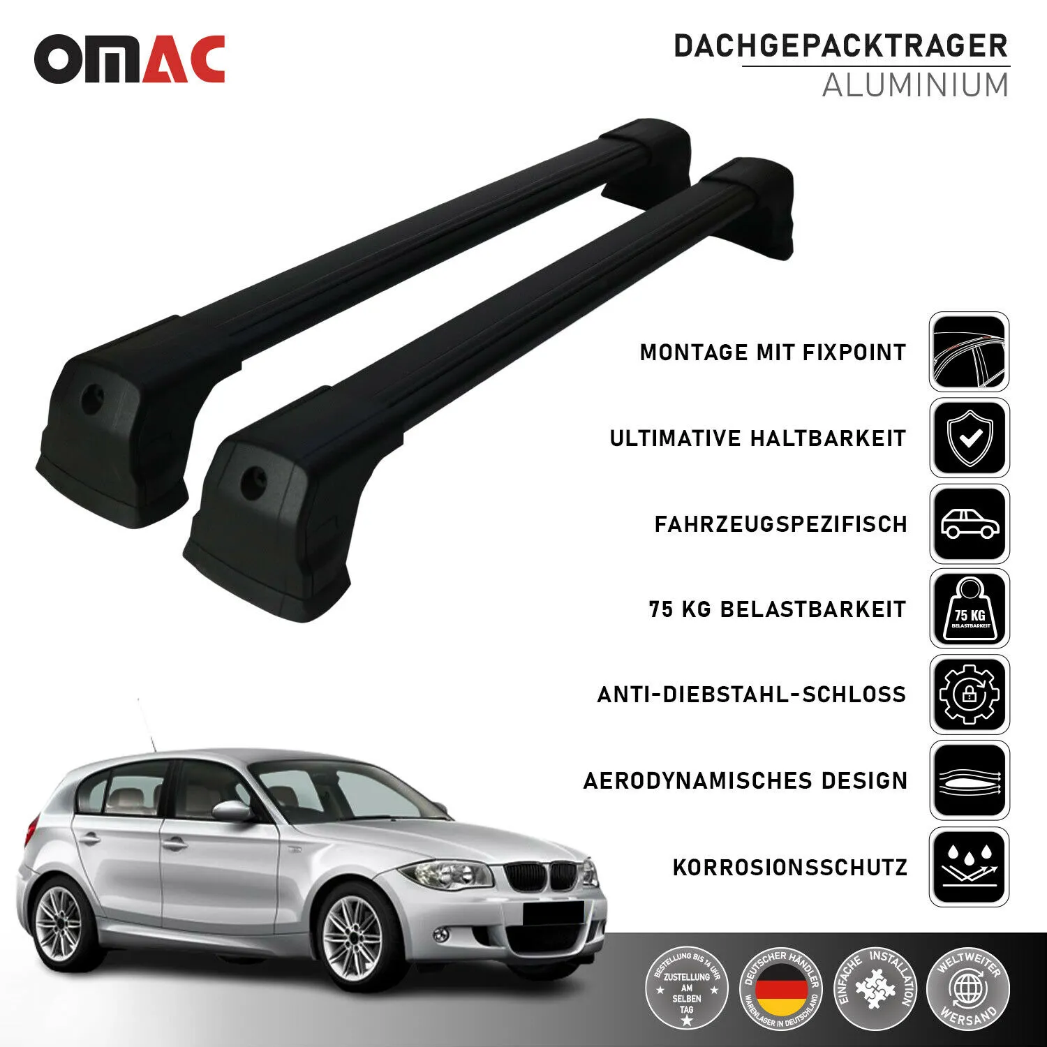 Dachträger Grundträger für BMW 1er F20 2011-2020 Gepäckträger Alu Schwarz 2x