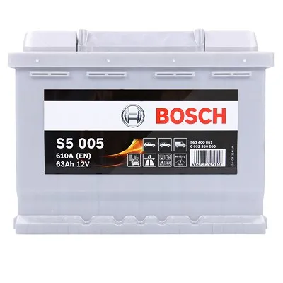 Bosch Starterbatterie S5 005 63Ah 610A 12V Renault: Clio II Vw: Golf IV, Golf VI, Golf V, Caddy I 0092S50050