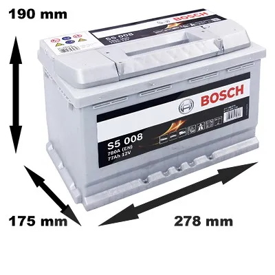 Bosch Starterbatterie S5 008 77Ah 780A 12V Renault: Clio II Vw: Golf IV, Golf VI, Golf V, Caddy I 0092S50080