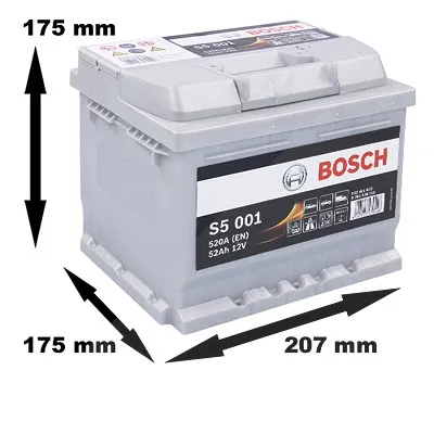 Bosch Starterbatterie S5 001 52Ah 520A 12V Citroën: C3 II Nissan: Micra III Renault: Clio II, Twingo I Vw: Golf VII