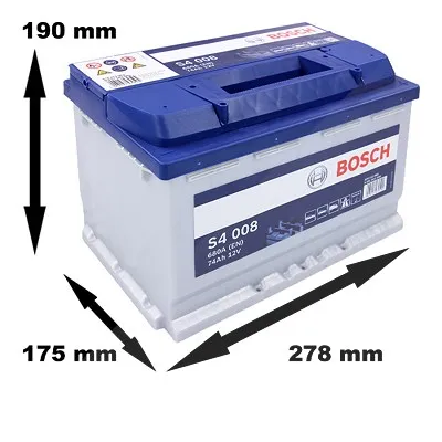 Bosch Starterbatterie S4 008 74Ah 680A 12V Renault: Clio II Vw: Golf VII, Golf IV, Golf VI, Golf V 0092S40080